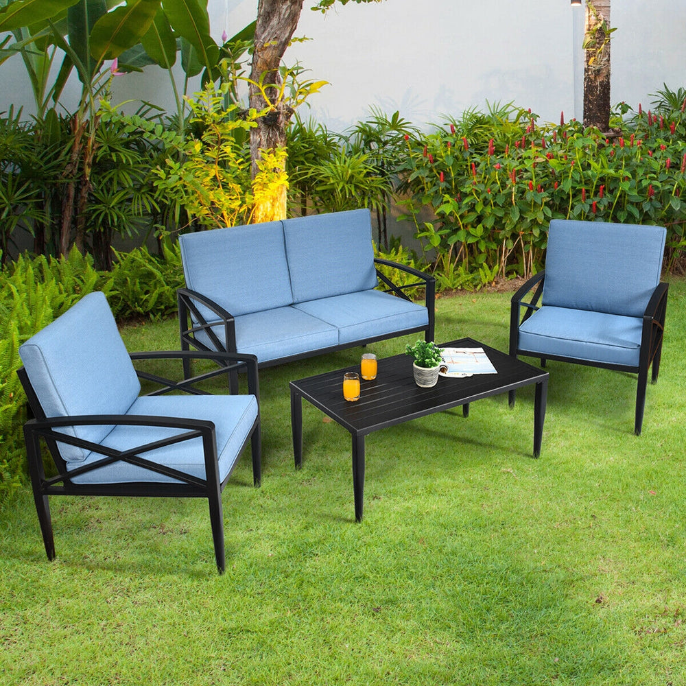 4-piece patio furniture set with cushioned loveseat and chairs, aluminum frame, perfect for outdoor relaxation.