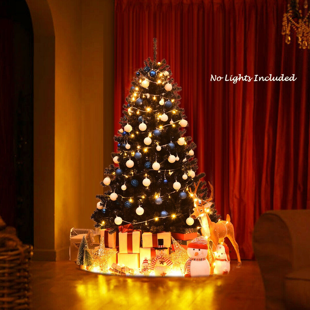 6 feet hinged black artificial Christmas tree with 1036 branch tips, perfect for indoor and outdoor holiday decoration.