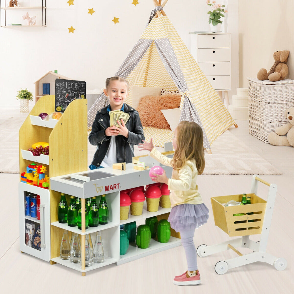 Shopping cart from the Grocery Store Playset with large inner space and rolling wheels, perfect for imaginative play.
