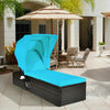 Turquoise outdoor chaise lounge chair with folding canopy, made of weather-resistant PE rattan, perfect for poolside.