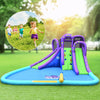 Inflatable water park with a tall slide, pool, and water cannon, perfect for kids' summer fun in the backyard.