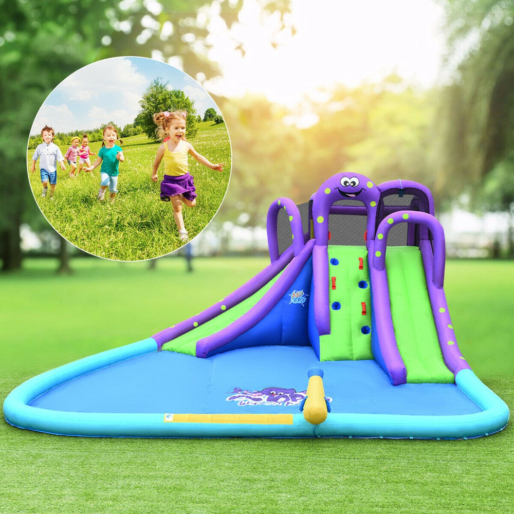 Inflatable water park with a tall slide, pool, and water cannon, perfect for kids' summer fun in the backyard.