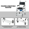 Folding and adjustable footstep of the 2-in-1 aluminum commode shower wheelchair for user convenience and safety.