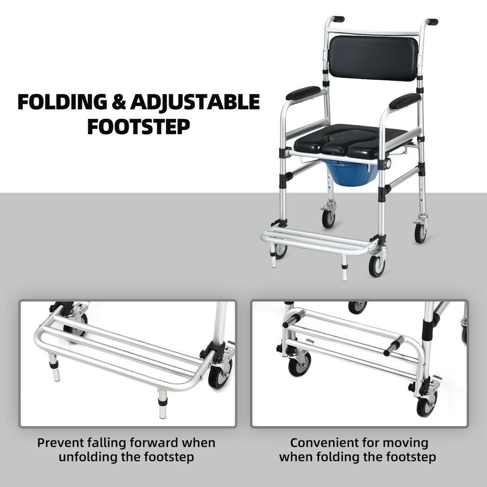 Folding and adjustable footstep of the 2-in-1 aluminum commode shower wheelchair for user convenience and safety.
