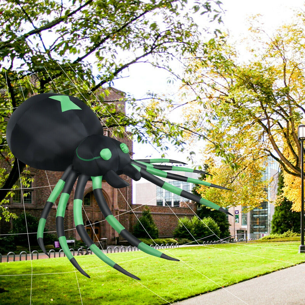 Inflatable 6-foot Halloween spider made of durable polyester, featuring LED lights for outdoor spooky decor.