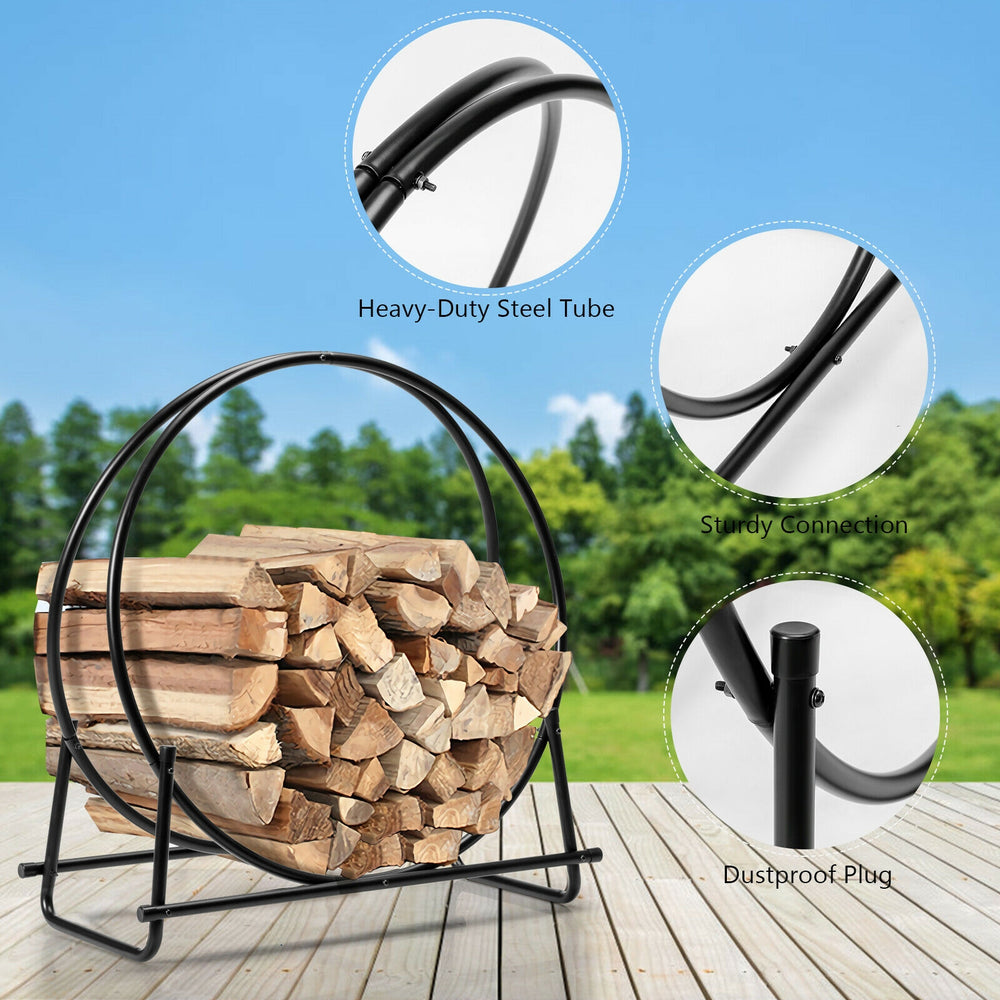 30-inch tubular steel log hoop firewood storage rack with black powder-coated finish for indoor or outdoor use.