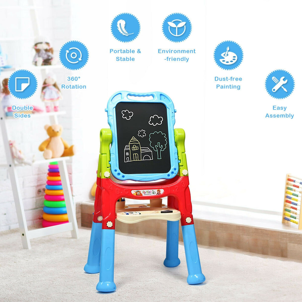 Height adjustable kids art easel with magnetic double-sided board, 360° rotation, and spacious storage tray for art.