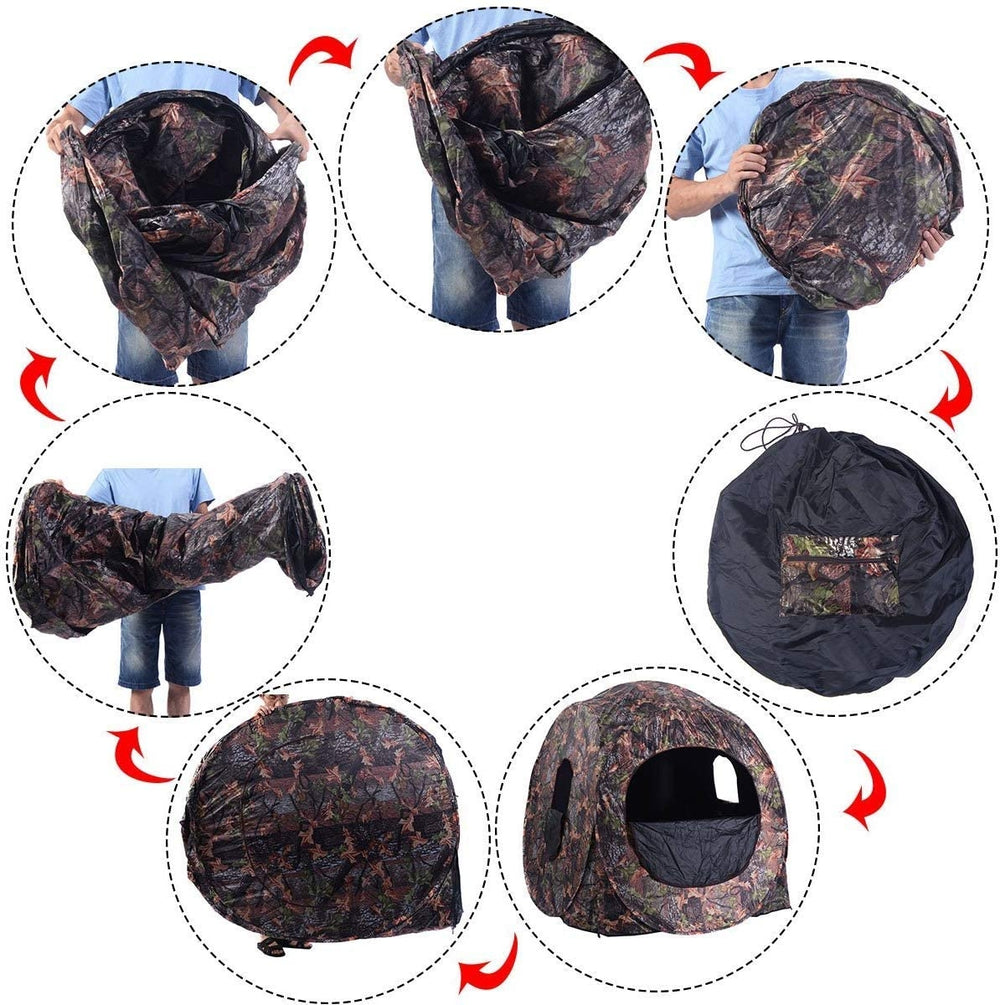 Portable pop-up ground camo blind for hunting, featuring durable weatherproof material and 360° visibility for 2-3.