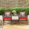 Acacia wood loveseat set with red cushions and coffee table, perfect for outdoor patio relaxation and gatherings.
