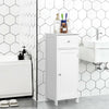 White wooden bathroom floor storage cabinet with drawer and adjustable shelf, perfect for organizing and displaying.