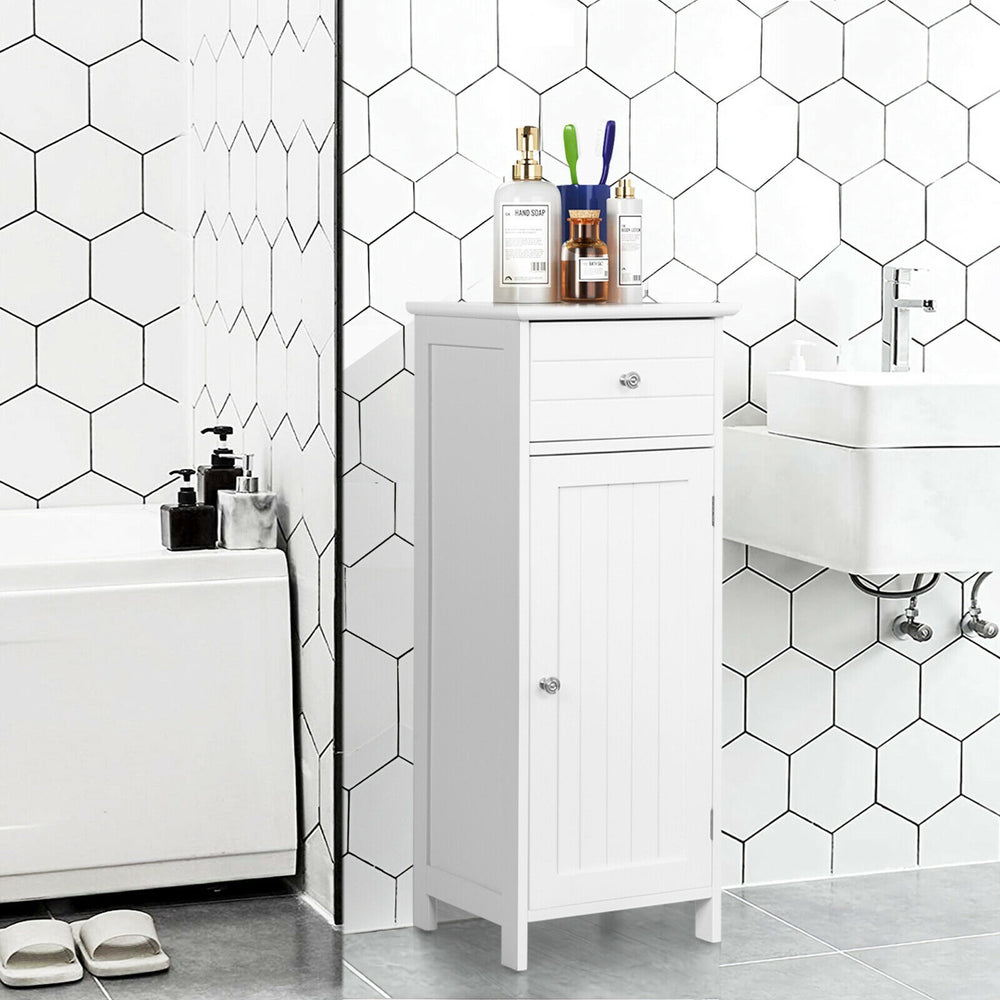 White wooden bathroom floor storage cabinet with drawer and adjustable shelf, perfect for organizing and displaying.