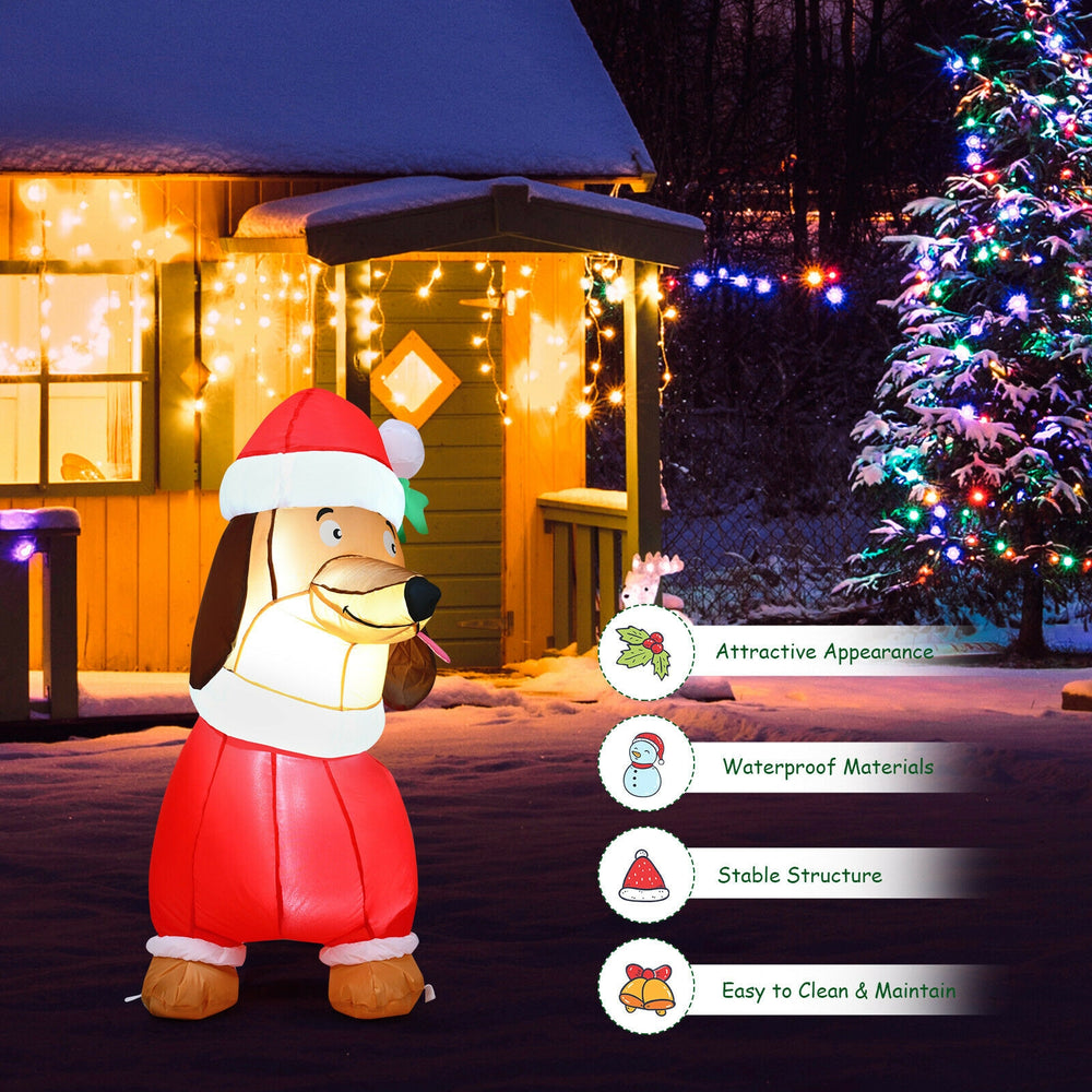 5-foot inflatable Christmas dog wearing a Santa hat, made of waterproof polyester, perfect for festive outdoor.