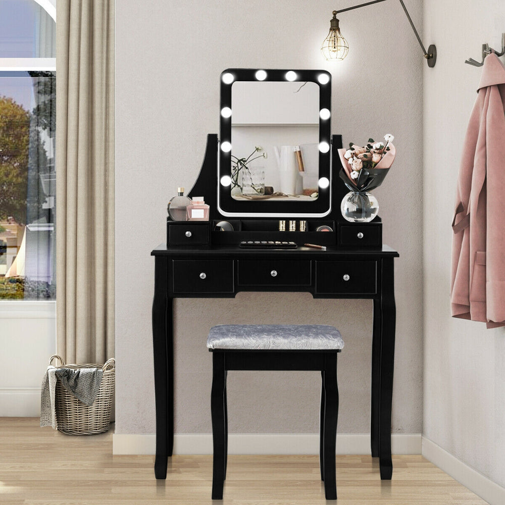Black vanity dressing table set with 10 dimmable bulbs, cushioned stool, and 360° rotating mirror for versatile use.