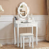 Elegant white makeup vanity dressing table set with a cushioned stool, featuring four drawers and a rotatable mirror.