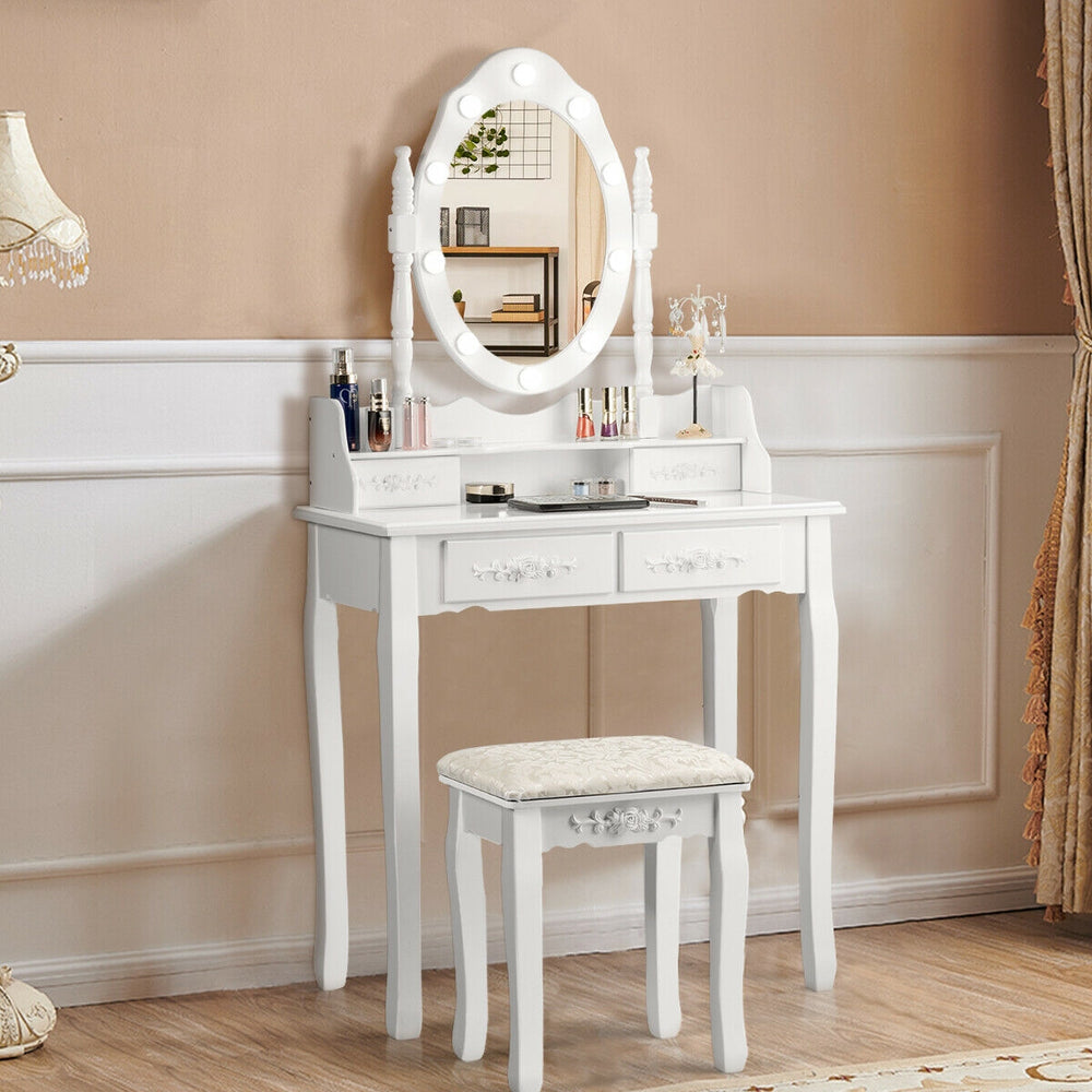 Makeup Vanity Dressing Table Set with Dimmable Bulbs Cushioned Stool-White - Gallery View 1 of 12
