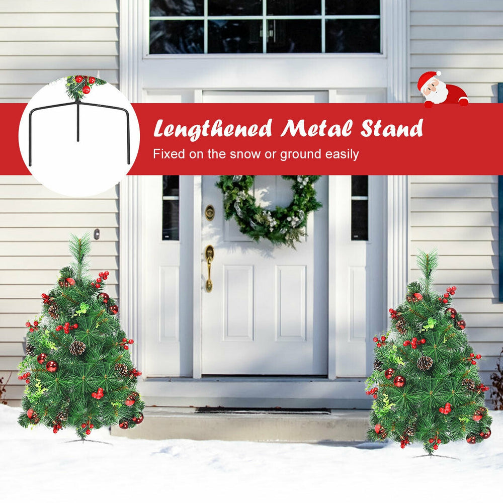 Set of 2 battery-powered 29-inch pre-lit Christmas trees with vivid ornaments and a sturdy metal stand for outdoor.