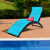 Turquoise folding patio lounge chair with cushion, made of weather-resistant PE rattan, ideal for poolside relaxation.