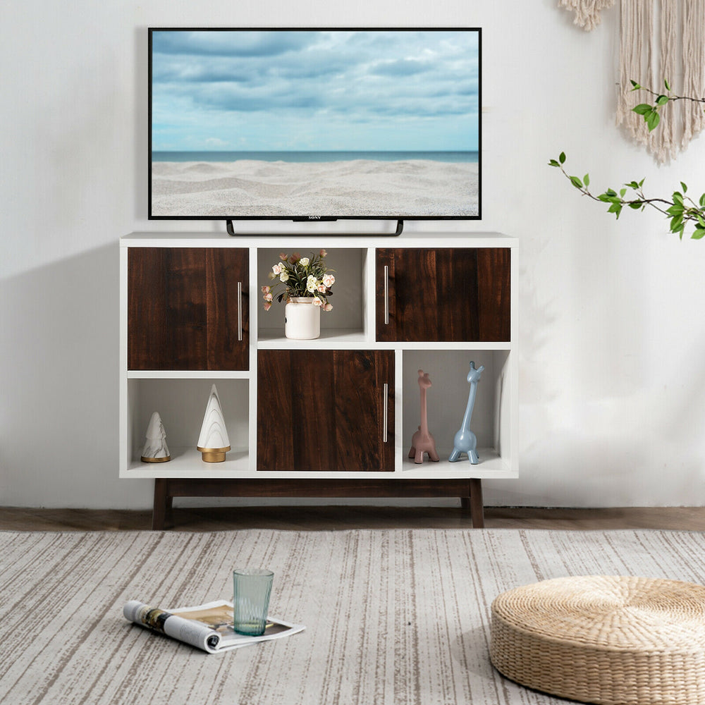Wood display sideboard storage cabinet with 6 compartments, featuring espresso grained doors, perfect for home.