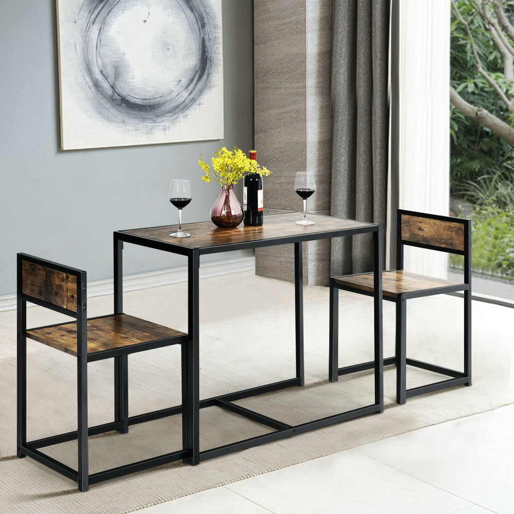 3 Pcs Dining Set Compact Table and 2 Chair with Metal Frame for for Small Space-Coffee - Gallery View 1 of 12