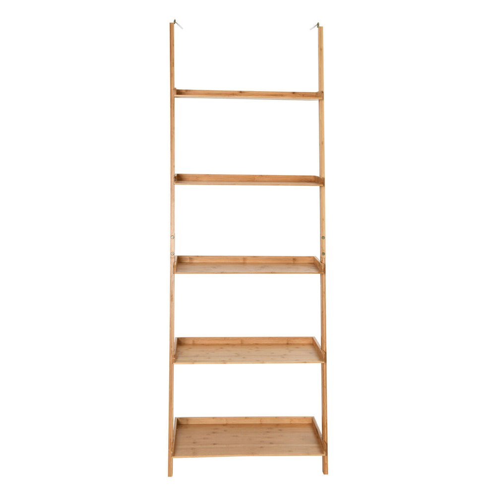 5-tier bamboo ladder shelf with wall-leaning design, offering durable storage for living room, kitchen, or bathroom.
