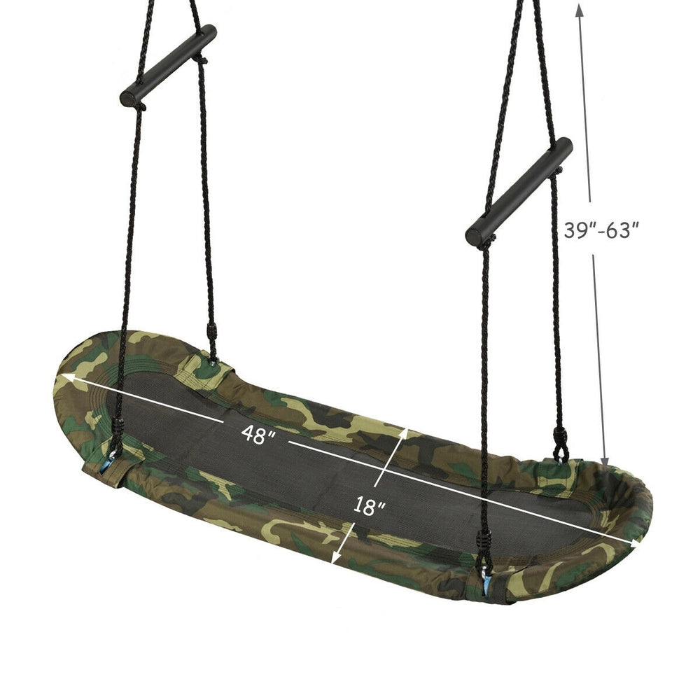 Adjustable saucer tree swing with camouflage design, made of durable oxford cloth and metal frame, suitable for indoor.
