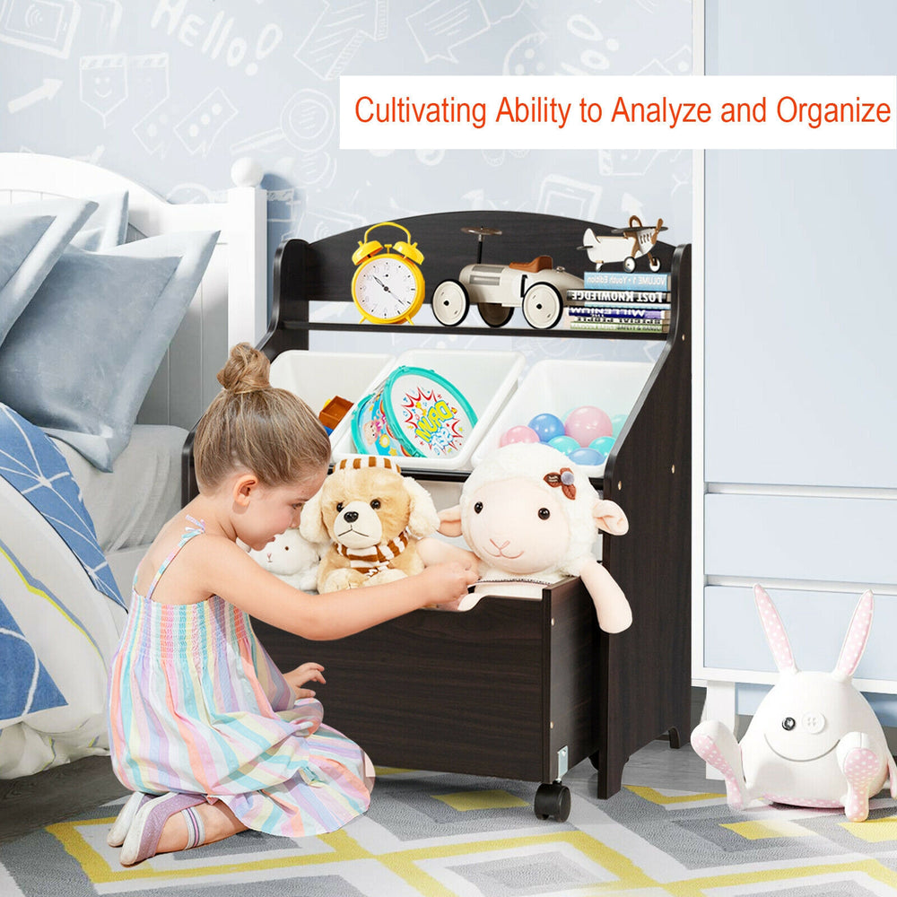 Kids wooden toy storage unit in espresso with rolling toy box and removable bins for organizing toys and books.