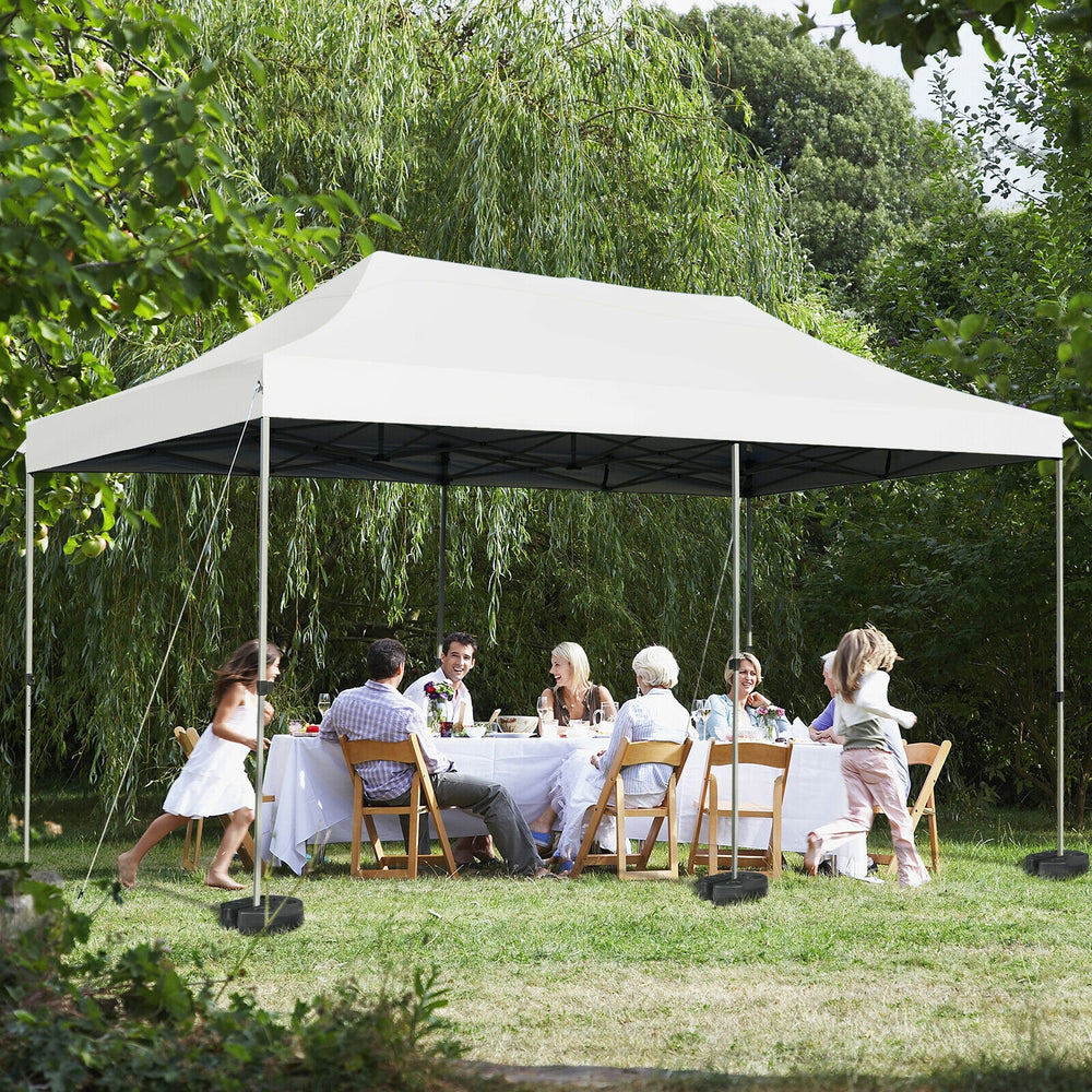 Set of 8 canopy weights, 40lbs each, designed for secure outdoor use with no-pinch installation for tents and umbrellas.