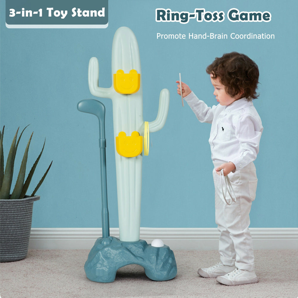 3-in-1 cactus toy stand for kids featuring golf and ring-toss games, promoting hand-brain coordination and stability.