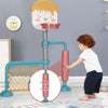 Height adjustable 3-in-1 basketball stand set with soccer goal and roller, ideal for kids' play and coordination.