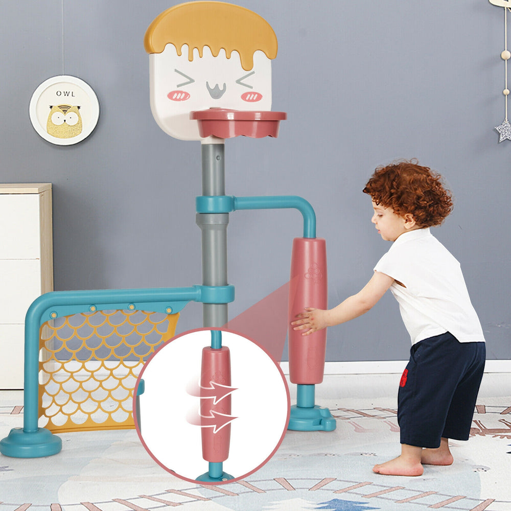 Height adjustable 3-in-1 basketball stand set with soccer goal and roller, ideal for kids' play and coordination.