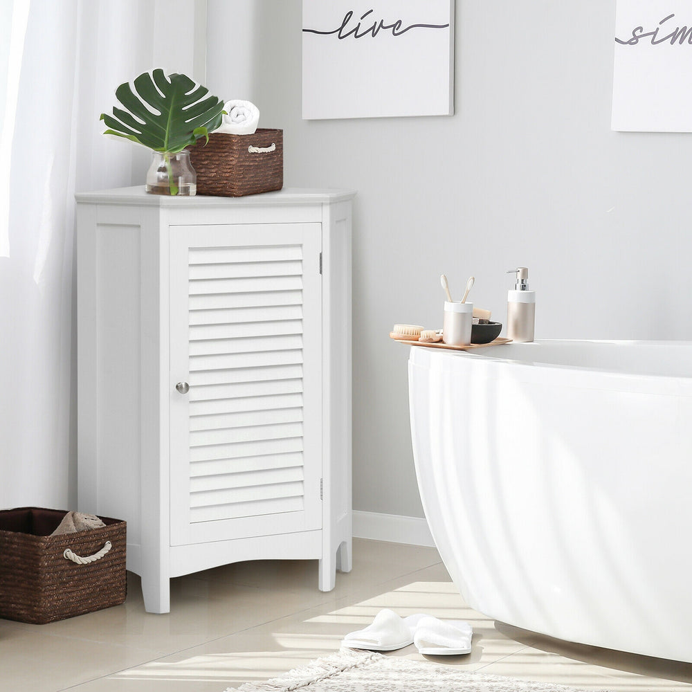 White corner storage cabinet with shutter door, adjustable shelf, perfect for maximizing small bathroom space.