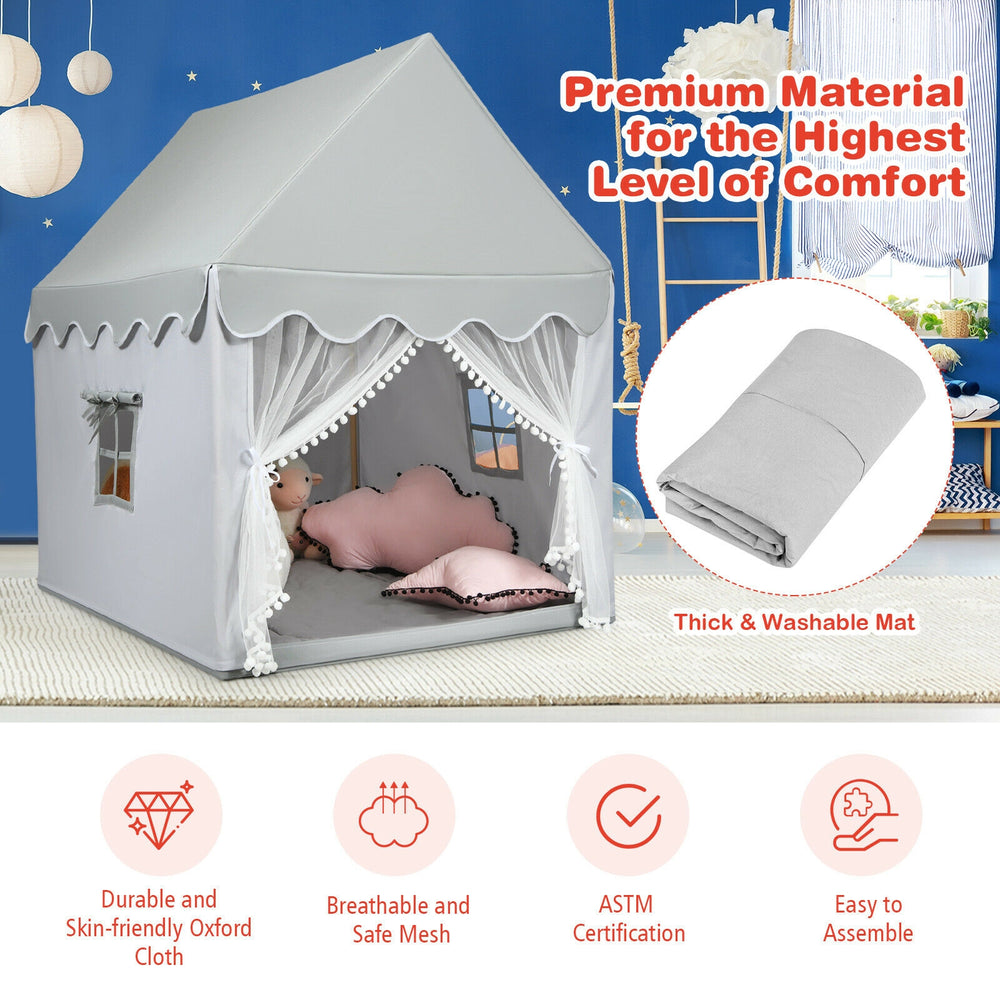 Kids large gray play castle tent with a thick washable mat, featuring mesh windows for ventilation and easy assembly.