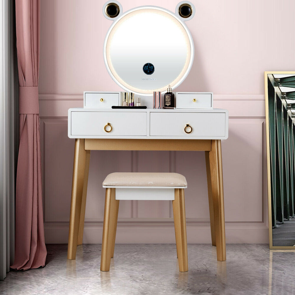 Vanity set featuring a touch screen dimming mirror, four drawers, and solid beech wood legs for stylish storage.