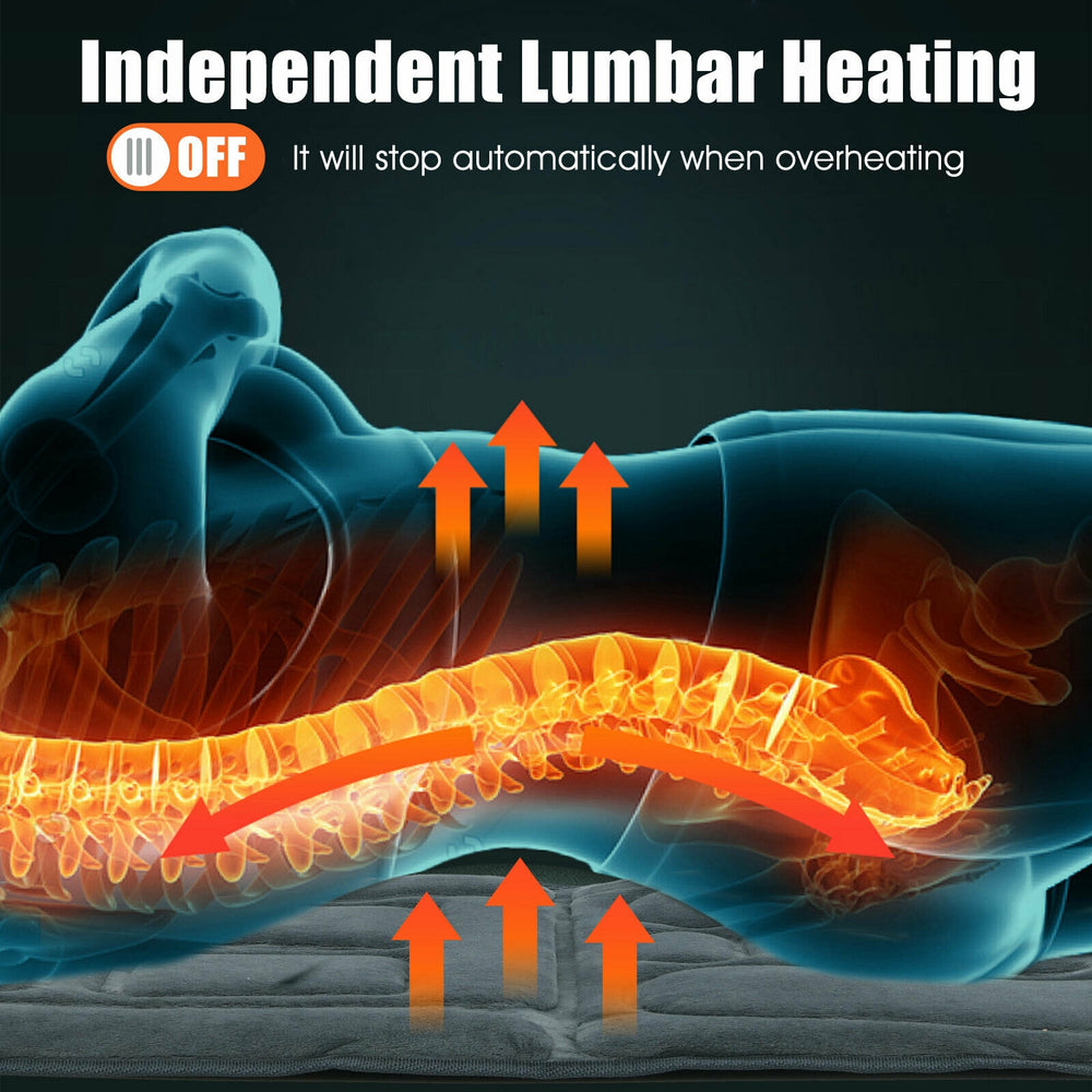 Foldable massage mat with independent lumbar heating, featuring 10 vibration motors for muscle relief and comfort.