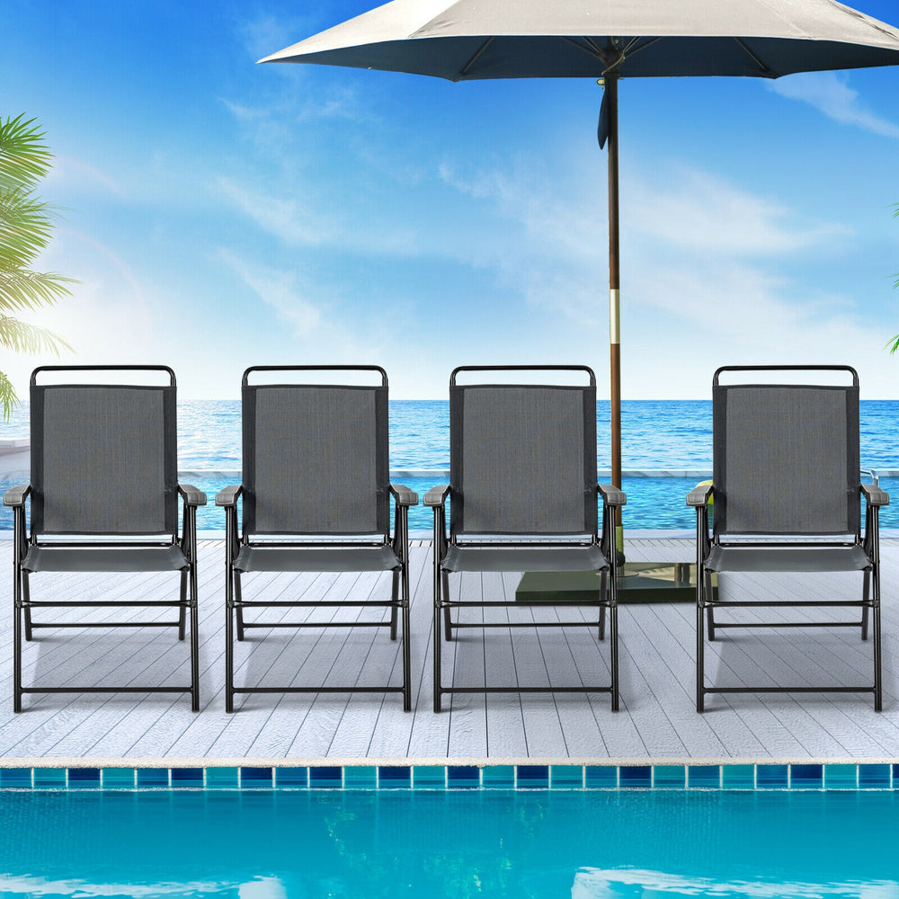 Four portable outdoor folding chairs with armrests, featuring a sturdy steel frame and breathable fabric, ideal for.