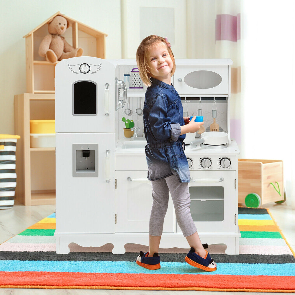 Kids playing with a white kitchen pretend play cookware set, featuring a water dispenser and realistic design for.
