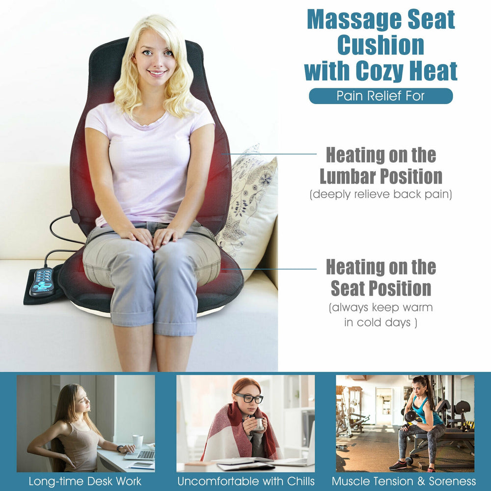 Massage seat cushion with heat and 6 vibration motors, ideal for home use, providing comfort and pain relief.
