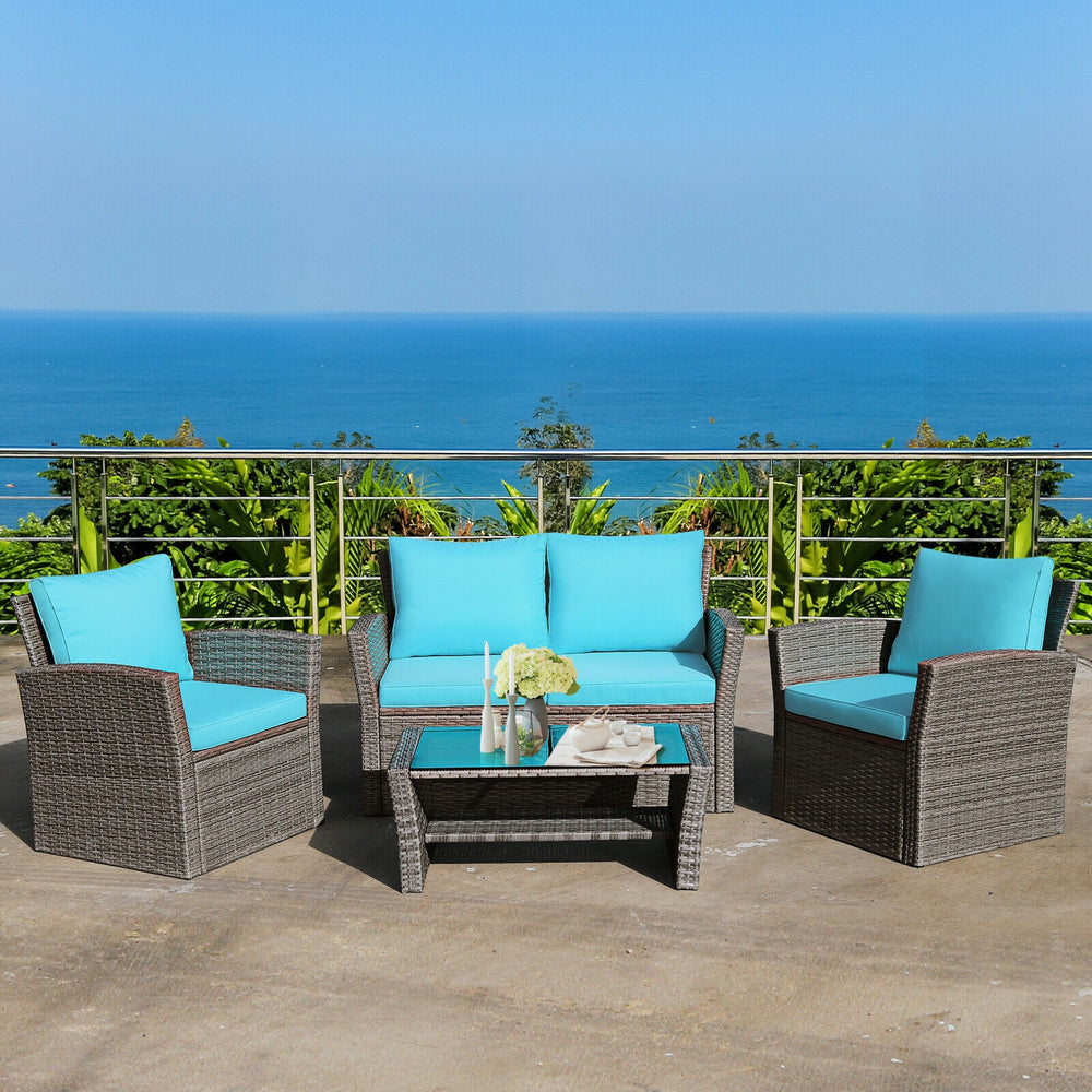 4 Pieces Patio Rattan Furniture Set Sofa Table with Storage Shelf Cushion-Turquoise - Gallery View 1 of 12