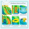 Inflatable water park with double slides, climbing wall, splash pool, and water cannon for summer fun and exercise.