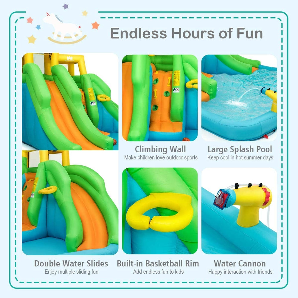 Inflatable water park with double slides, climbing wall, splash pool, and water cannon for summer fun and exercise.