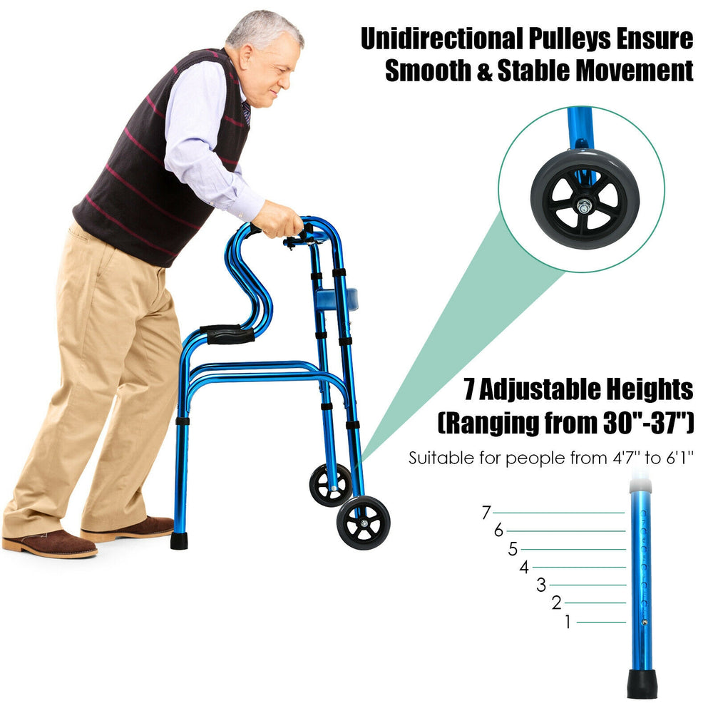 Heavy-duty blue aluminum folding wheeled stand-assist walker with adjustable height and smooth unidirectional wheels.