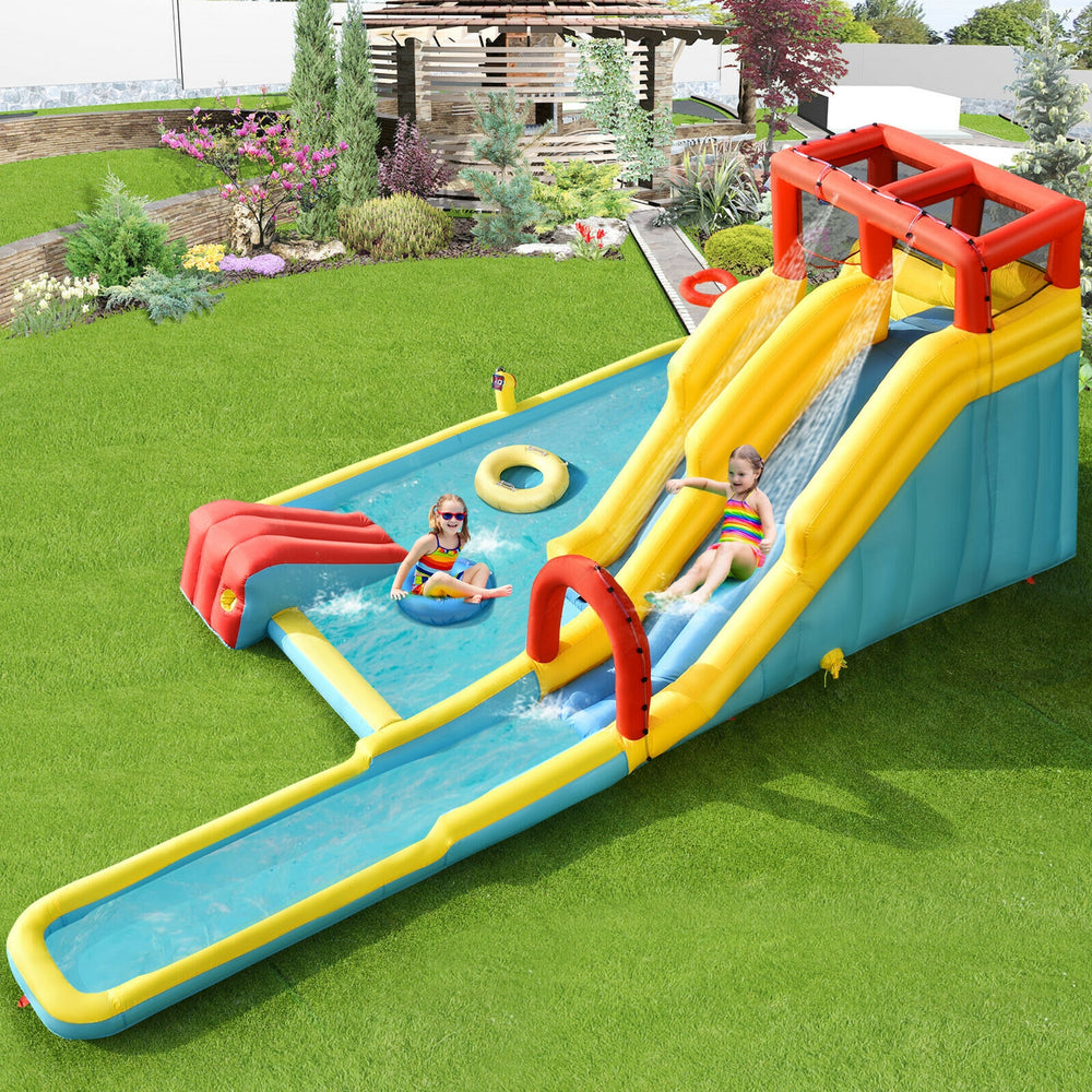 Colorful 7-in-1 inflatable water park with dual slides, climbing wall, and pool for outdoor fun and safety.
