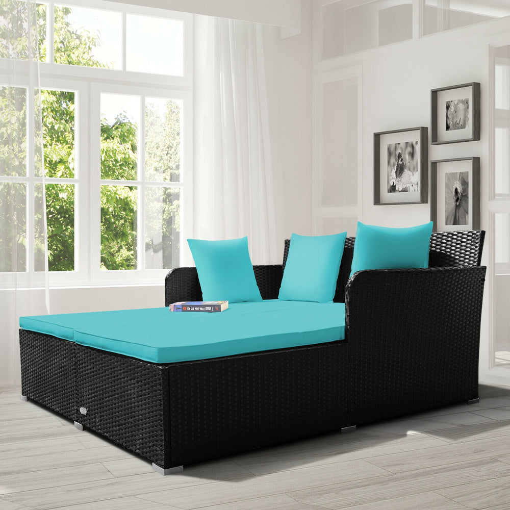 Spacious Outdoor Rattan Daybed with Upholstered Cushions and Pillows-Turquoise - Gallery View 1 of 12