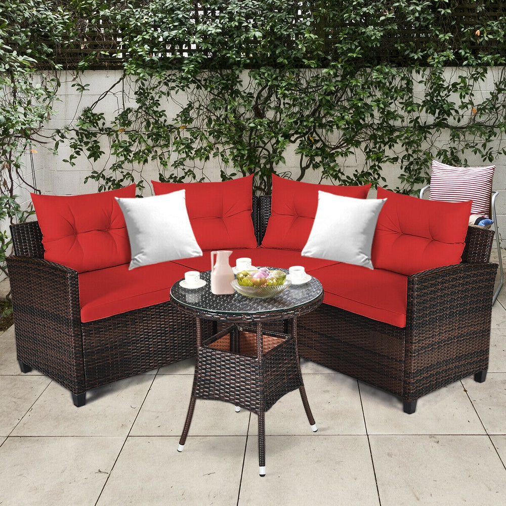 4 Pieces Outdoor Cushioned Rattan Furniture Set-Red - Gallery View 1 of 12