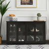 Brown sideboard buffet cabinet with sliding tempered glass doors, featuring a spacious top and contemporary design for.