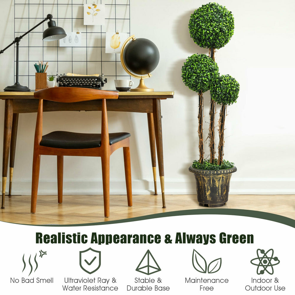 4 feet artificial topiary triple ball tree plant with UV resistance, stable base, perfect for indoor and outdoor.
