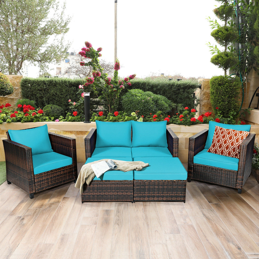 Turquoise single sofa from a 5-piece patio furniture set, featuring a durable rattan frame and soft cushions for.