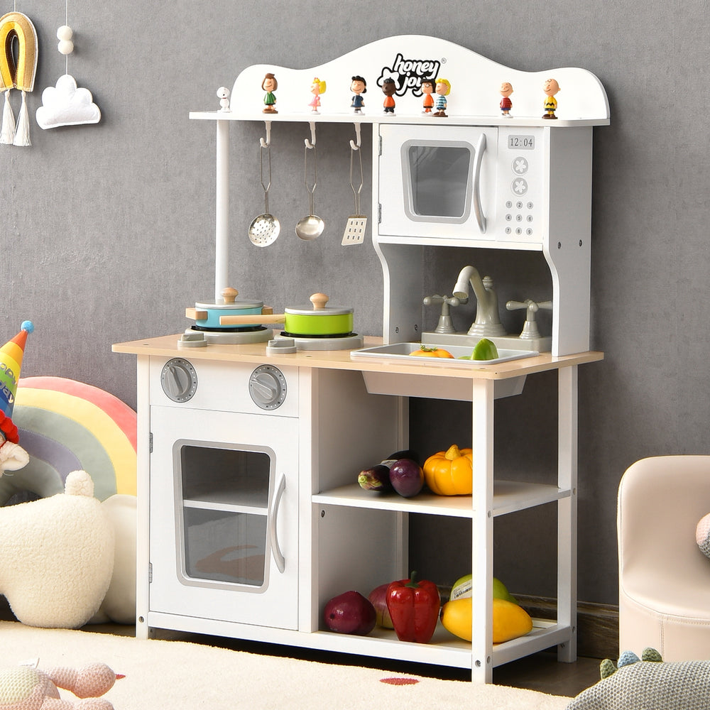 Wooden pretend play kitchen set for kids with oven, sink, and stove, designed for imaginative role-playing and.