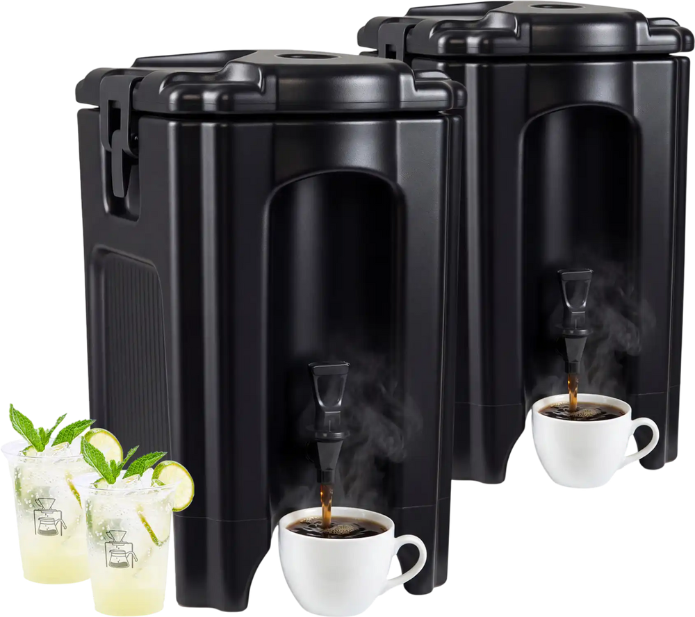 Set of 2 black insulated beverage dispensers with ergonomic handles, ideal for catering and outdoor events.