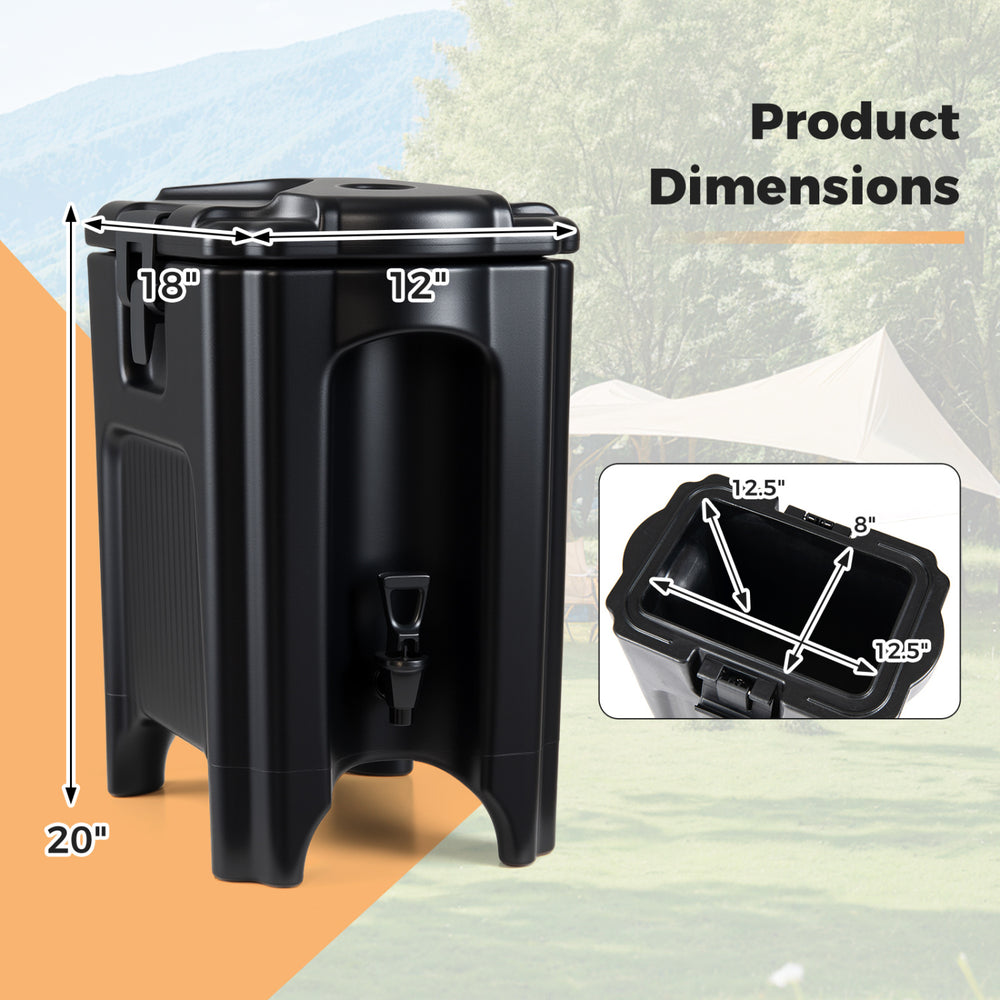 Insulated beverage dispenser dimensions showing 4.4 gallons capacity, 20 inches tall, ideal for catering and outdoor.